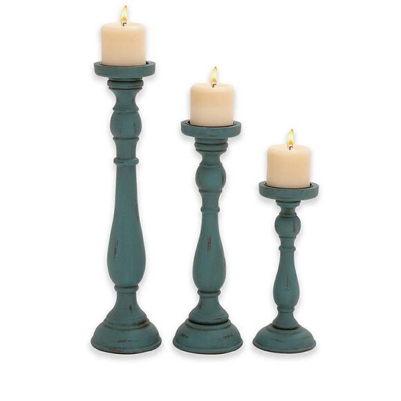 Pier 1 Imports Traditional Turquoise Wood Set of 3 Candle Holders - Picture 2 of 12